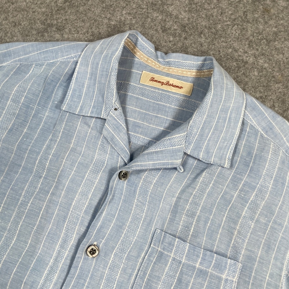 Tommy Bahama Mens Button Up Shirt S Light Blue 100% Linen Striped Short Sleeve